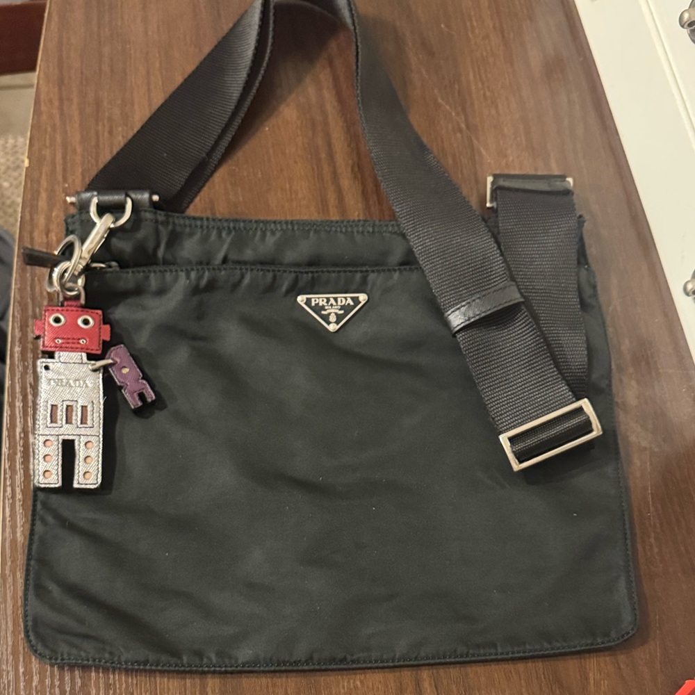Prada Black Nylon Messenger Bag with Robot Charm